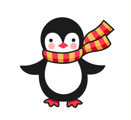Kawaii penguin in striped scarf. Cute cartoon animal character. Funny cute colored vector illustration for print, postcard, greeting card, sticker and pin.