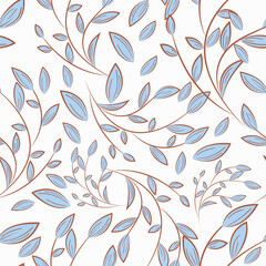 spring twigs with blue leaves, isolated leaves, textile ornament from leaves, intertwining branches, grass bushes