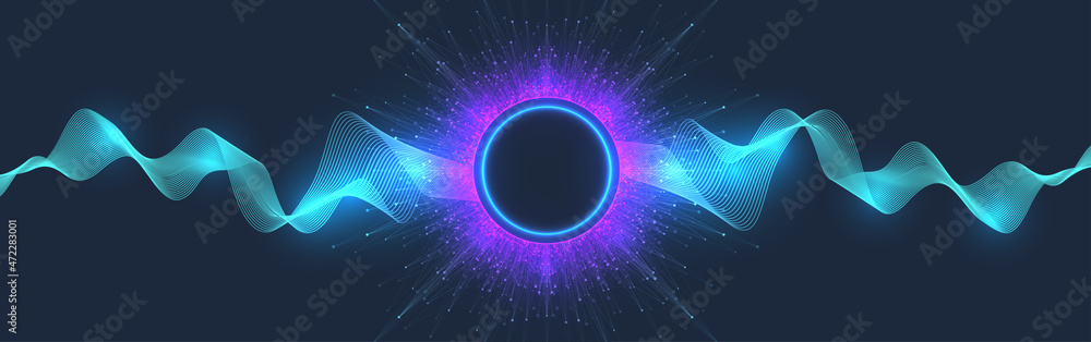 Poster quantum computer technology banner design template concept, gravitational wave. deep learning artifi