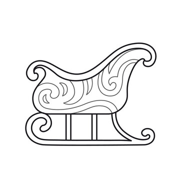 Christmas sleigh with winter ornament. Outline illustration. Vector isolated emblem for logo, coloring book, tattoo, print.