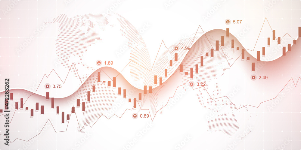Aufkleber Abstract financial chart with uptrend line graph and world map on black and white color background. Business candle stick graph chart of stock market investment trading, illustration