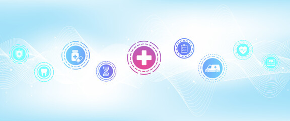 health care banner template with flat icons. Healthcare medicine concept. Medical innovation technology pharmacy banner, illustration.