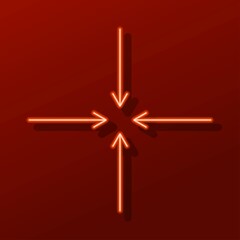 Arrows to the center neon sign, modern glowing banner design, colorful modern design trends. Vector illustration.