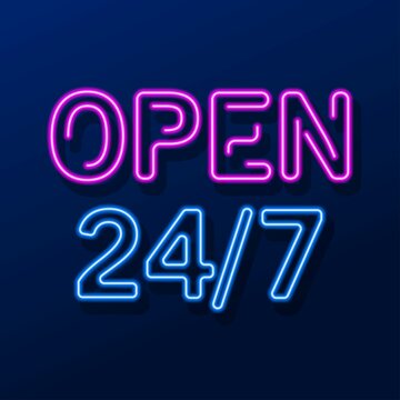 open 24 neon sign, modern glowing banner design, colorful modern design trends. Vector illustration.
