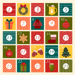 December Christmas advent calendar. Cute winter illustration for card, poster, decor. Time for Christmas miracles. Winter postcard vector creative template. Xmas Poster hand drawn style.
