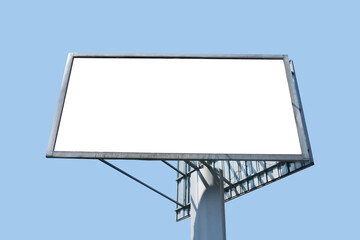 Blank billboard background. Advertisment with blue sky behind. Empty copy space poster signpost panel. High street banner by the road.