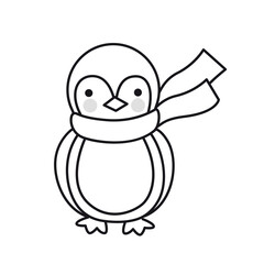 Kawaii penguin in scarf. Cute cartoon character. Funny cute outline illustration. Vector isolated emblem for logo, coloring book, tattoo, print.