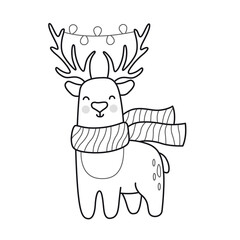 Christmas deer with garland on the horns. Cute cartoon animal character. Funny cute outline illustration. Vector isolated emblem for logo, coloring book, tattoo, print.