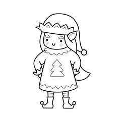 Christmas elf girl. Female cartoon character. Funny cute outline illustration. Vector isolated emblem for logo, coloring book, tattoo, print.