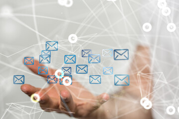 Hand holding using mobile phone with email icon on screen. Concept of business communication