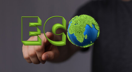 Eco word on the background of green leaves of carrots. plantation. Agriculture. harvest. Environmentally friendly, climate change