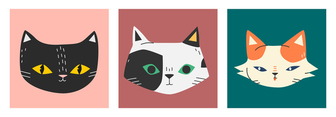 Hand drawn illustration of cute modern cats portraits. Set of animal trendy posters. Kitty character face collection. Flat vector sticker or icon in colored doodle style. Isolated on background.