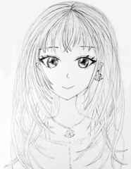 Pencil sketch on paper of a portrait of a girl in the style of anime and manga