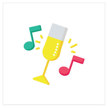 Bar party flat icon. Celebration, event, alcohol party. Champagne or wine glass. Restaurant, night club music. Cocktail party and drinking establishment concept. 3d vector illustration
