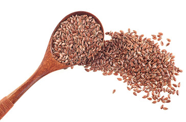 Brown flax seeds in wooden spoon isolated on a white background, top view. Omega-3.
