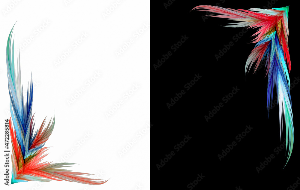Poster colorful abstract bird feathers adorn the corners of black and white backgrounds. two abstract fract