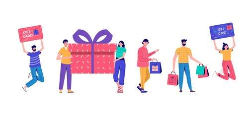 Seasonal discount website sale banner with people holding shopping bag. Promotion of online store loyalty program, bonus, reward, discount card, coupon or voucher. Modern flat vector for advertisement - 472286214