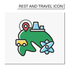 Atomic tourism color icon. Atomic age heritage places and cities visiting. Industrial tourism. Abandoned places exploration.Tourism types concept. Isolated vector illustration