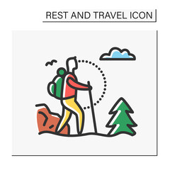  Hiking color icon. Adventure tourism. Mountain tourism. Backpacking. Walking tour along the touristic route. Mount climbing. Tourism types concept. Isolated vector illustration