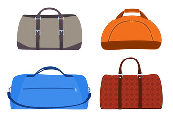 Set of travel bags. Travel luggage. Packing personal belongings in suitcases, bags. Vector illustration