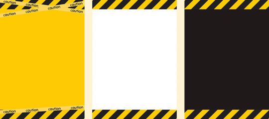 Set of caution safety banners. Black yellow white striped vertical poster. Caution safety template. Stripe yellow black tape. Hazard warning Yellow black diagonal stripes, lines. Vector illustration.