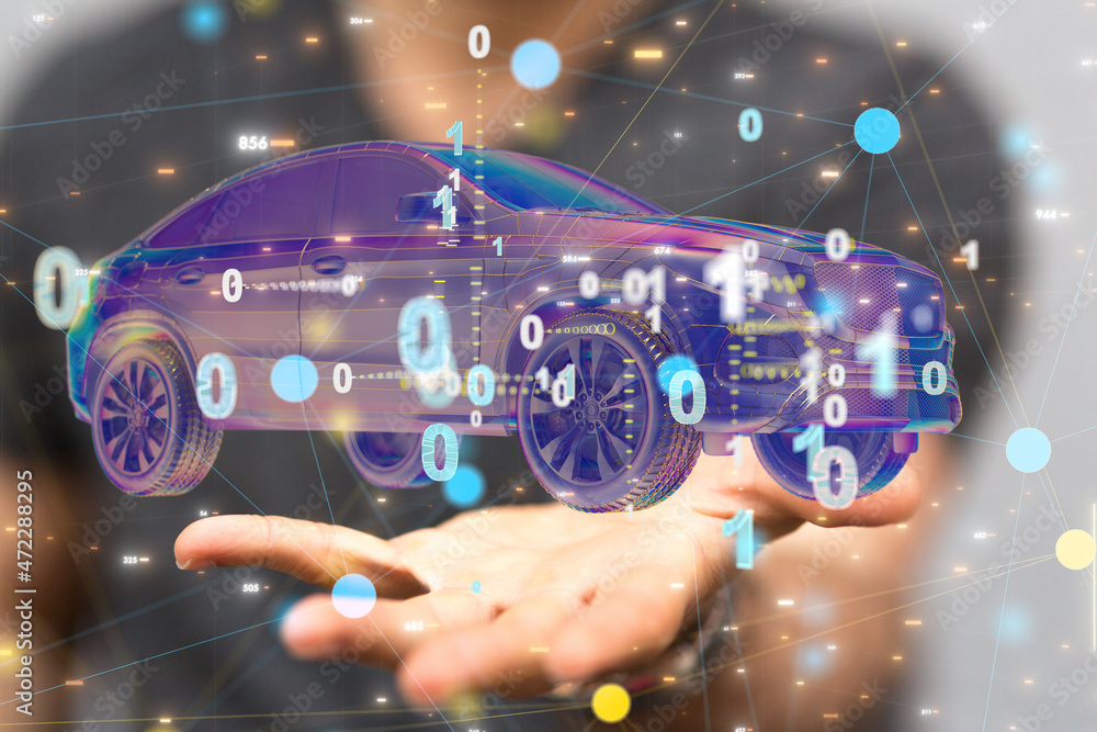Poster autonomous car with hud graphic of navigation system driving