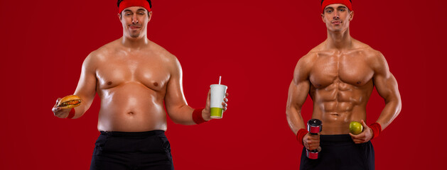 You are what you eat. Fit man with apple and fat man with burger and soda. Awesome Before and After...