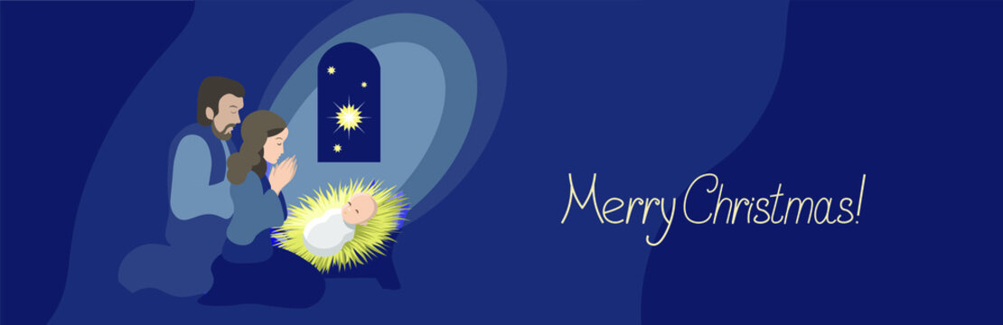 Christmas header with biblical scene of Joseph, Mary and newborn baby indoors at night. 

Cute characters of nativity story in cartoon style. Suitable for Christmas greeting and design.
