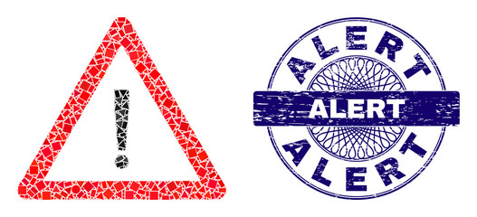 Obraz premium Geometric mosaic danger warning, and Alert dirty seal imitation. Blue seal contains Alert text inside round shape. Vector danger warning mosaic is organized with scattered spheric, triangle,