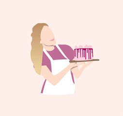 Blondie woman in pink t-shirt with pink cake