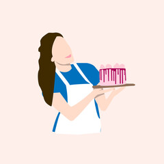 Brunette woman in blue t-shirt with pink cake