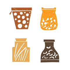 Spices, spices, jars. Vector set. Illustration, vintage, grunge. Cuisine, restaurant, cafe, cooking, domestic food, taste, aroma. Brown, orange.