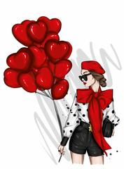 Beautiful girl in stylish clothes and a balloon in the form of hearts. Fashion and style, clothing and accessories. Vector illustration.
