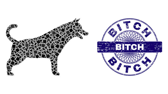 Geometric mosaic dog, and Bitch scratched stamp. Violet stamp seal has Bitch caption inside round form. Vector dog collage is composed with scattered round, triangle, rectangular parts.