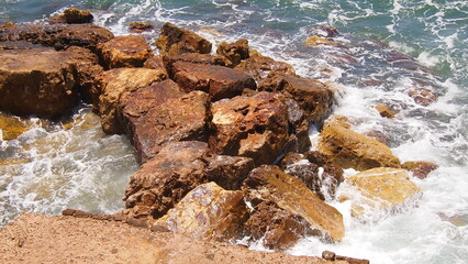 Scenic colorful  sea coast. Good for wallpaper or background image Radiant sea beach Panoramic photo . Sea rocks beach. Wave