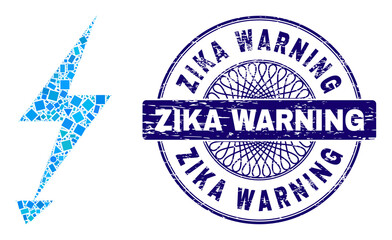 Geometric collage electric strike, and Zika Warning unclean stamp seal. Blue seal includes Zika Warning tag inside round shape. Vector electric strike collage is designed with randomized spheric,