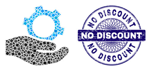 Geometric collage engineering service, and No Discount scratched stamp seal. Blue stamp seal includes No Discount caption inside circle form.
