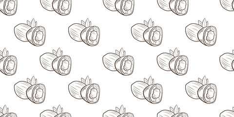 seamless pattern with coconuts, hand drawn coconut, background template, black and white outline coconuts.