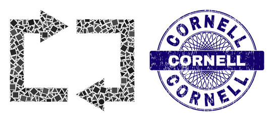 Geometric collage exchange arrows, and Cornell grunge stamp seal. Blue stamp seal includes Cornell text inside round form. Vector exchange arrows collage is composed from randomized round, triangle,