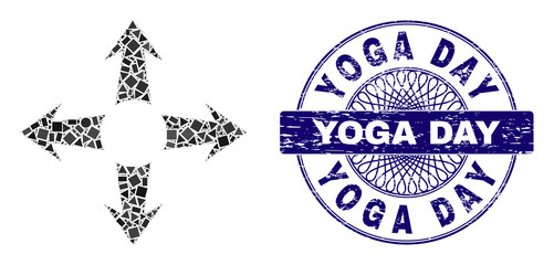 Geometric collage expand arrows, and Yoga Day unclean stamp seal. Violet stamp seal contains Yoga Day text inside circle form. Vector expand arrows collage is constructed with random circle, triangle,