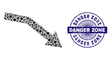 Geometric collage fail trend, and Danger Zone textured seal print. Blue stamp seal has Danger Zone caption inside round shape. Vector fail trend collage is made of randomized round, triangle,