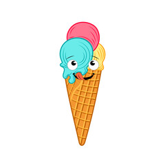 Cartoon Ice Cream Isolated on White Background, Happy Icecream Cone Licking.