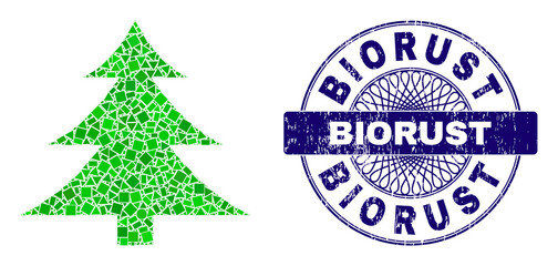 Geometric mosaic fir-tree, and Biorust rubber stamp seal. Blue seal contains Biorust caption inside round form. Vector fir-tree collage is created from random round, triangle, rectangular elements.