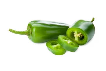 Poster Ripe jalapeno or pepperoni isolated on white background. Closeup view of green chili pepper. Hot spice © Random435