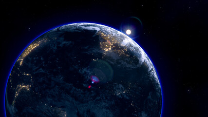 Obraz na płótnie Canvas 3d render of the planet Earth from the night side with rising sun