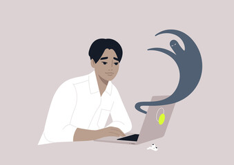A young male Asian character suffering from internet haters, cyberbullying, stress at work