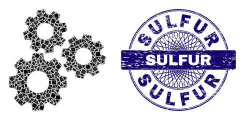Obraz premium Geometric mosaic gear mechanism, and Sulfur unclean seal. Violet stamp seal includes Sulfur tag inside circle form. Vector gear mechanism mosaic is created of randomized spheric, triangle,