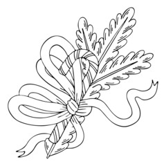 Christmas coloring page thin line art. Spruce branch, ledinets cane, satin ribbon bow. Hand drawn vector illustration. Isolated simple doodle element. Coloring book for children and adults.