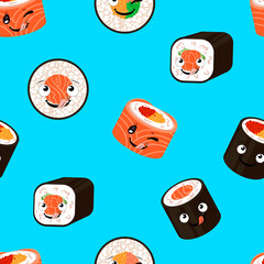 Seamless Sushi Rolls Pattern, Cute Characters, Funny Faces Rolls, Japanese.