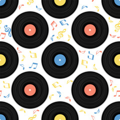 Vinyl records musical notes vector seamless pattern. Retro music objects,symbols, vintage style vinyl records vector illustration.